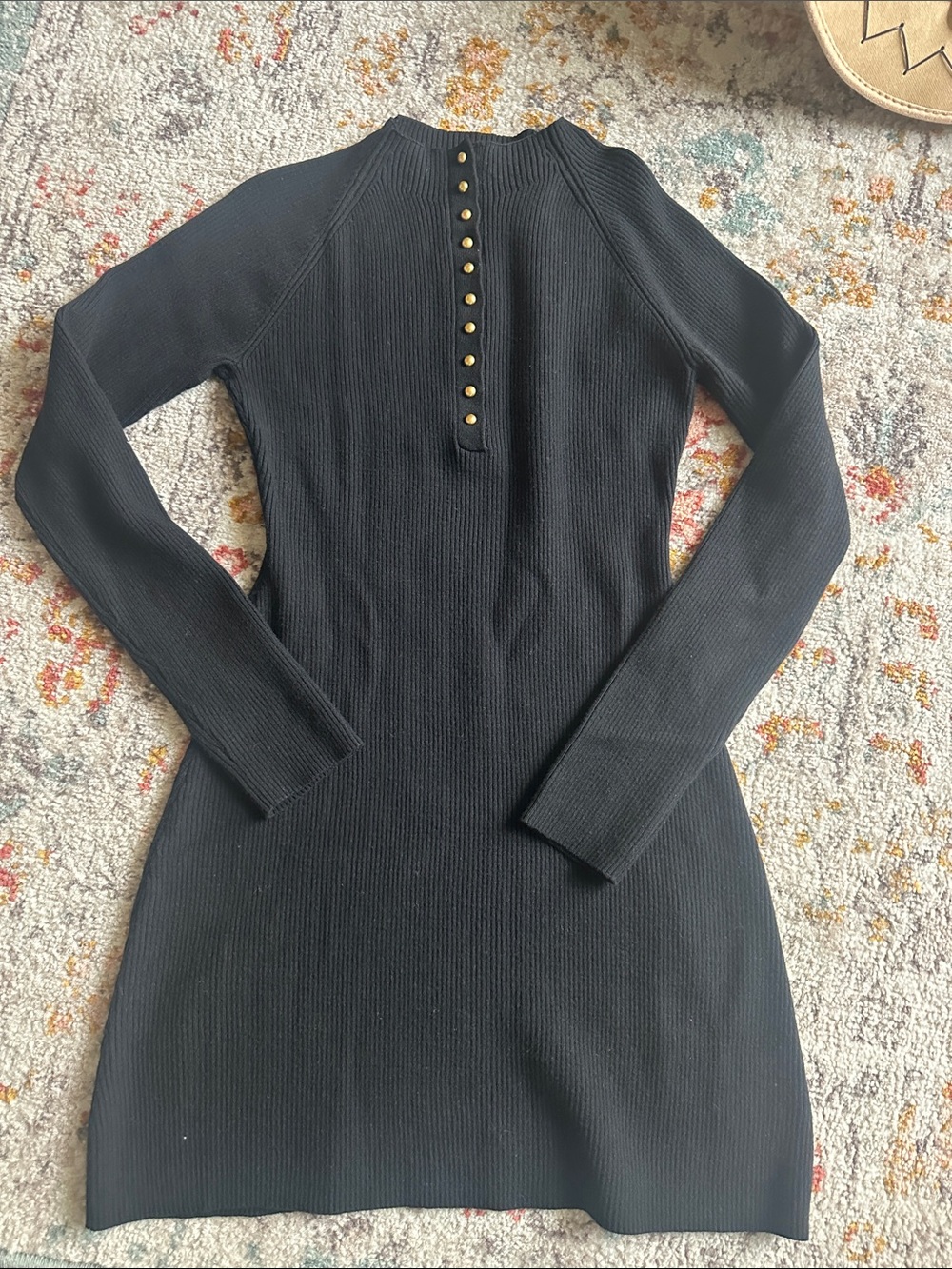 Universal Thread Black Ribbed Long-Sleeve Knit Dress with Gold Buttons